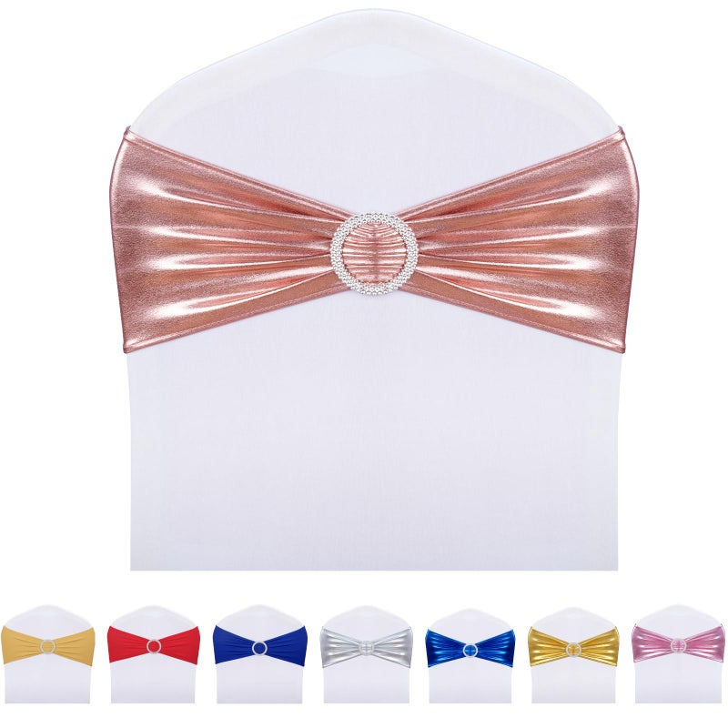 LEBENGURU Metallic Rose Spandex Chair Sashes, 50pcs Premium Stretch Bows With Buckle Slider, Universal Elastic Bands for Wedding Party Banquet Decoration - Image 1