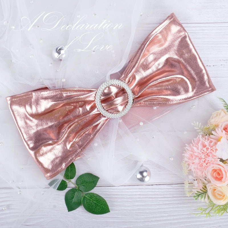 LEBENGURU Metallic Rose Spandex Chair Sashes, 50pcs Premium Stretch Bows With Buckle Slider, Universal Elastic Bands for Wedding Party Banquet Decoration - Image 3