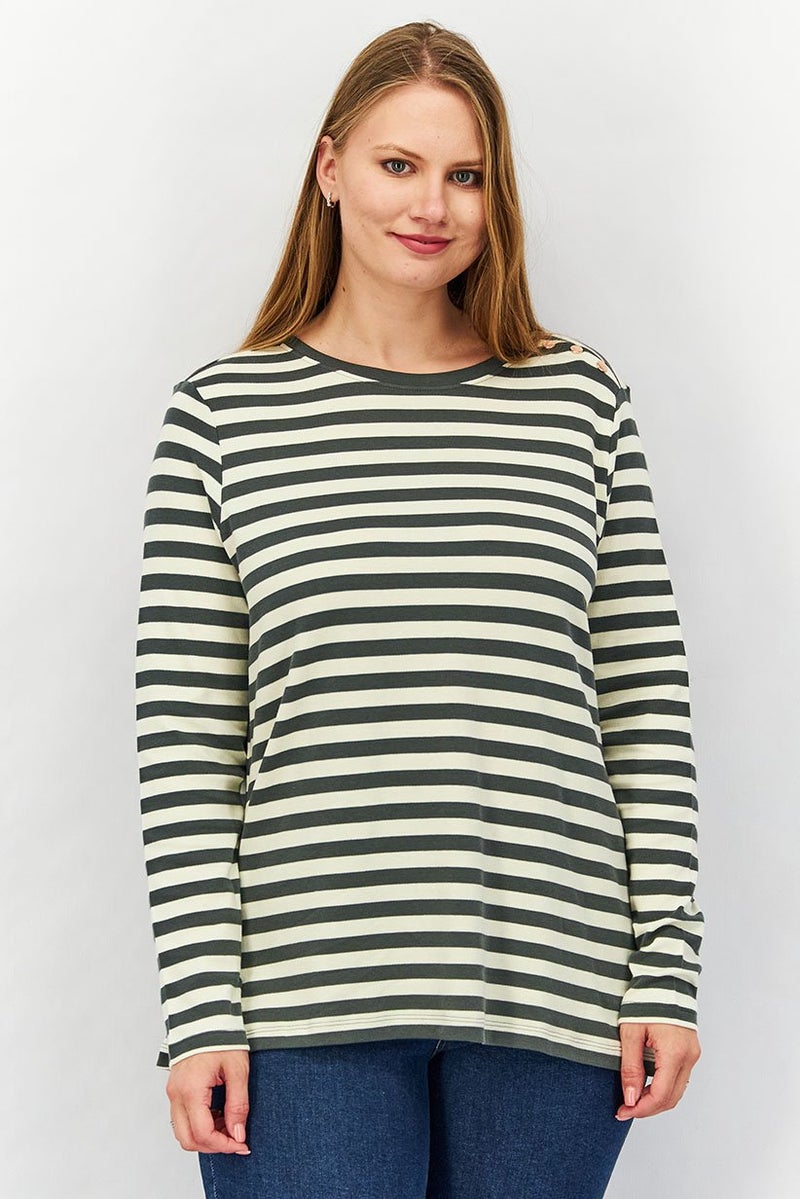 Tchibo Women Round Neck Long Sleeves Stripe Top, Grey - Image 1