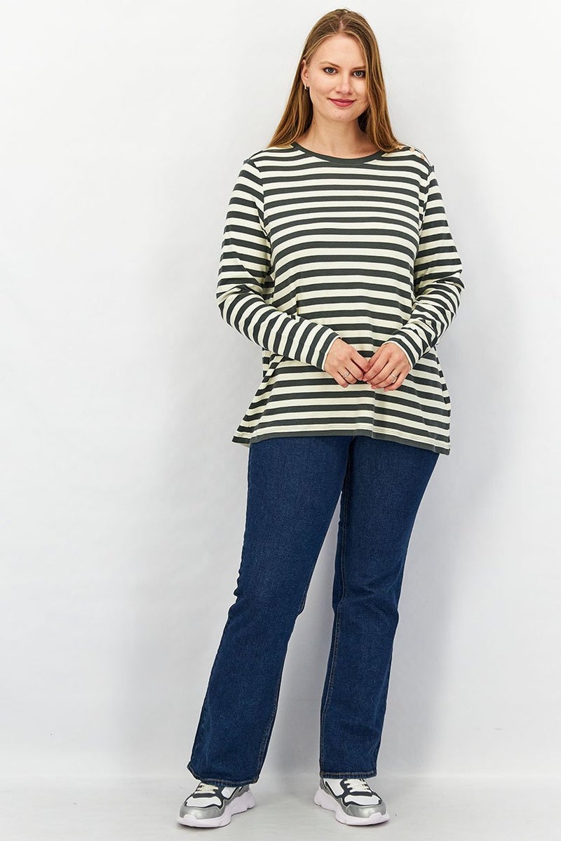 Tchibo Women Round Neck Long Sleeves Stripe Top, Grey - Image 4