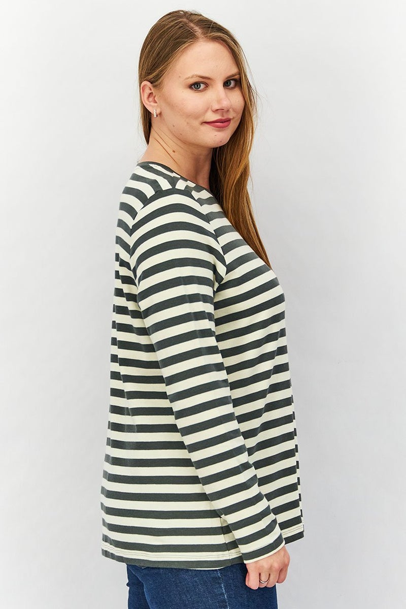 Tchibo بلوزة نسائية بأكمام طويلة وياقة دائرية، مخططة، رمادي - Image 2