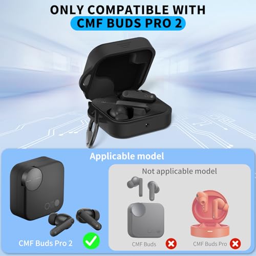 Wacanc Silicone Cover Case for CMF Buds Pro 2,Protective Earbuds Sleeve Compatible with CMF by Nothing Buds Pro 2,Shockproof Scratch-Resistant Protective Case with Carabiner (Black) - Image 2