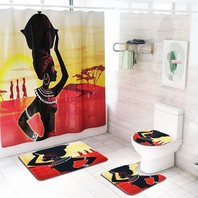 Y&D Ready to Ship African Women 3 Pcs Bathroom Rug Mat Sets 1pc Printed Shower Curtain for Bathroom Decoration - Image 2