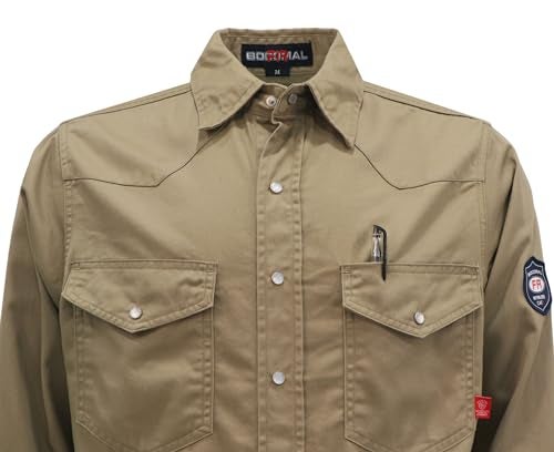BOCOMAL FR Flame Resistant Shirts Fire Retardant Welding Shirts Snaps Fastener NFPA2112 7.5oz Khaki Men's Welder Shirt - Image 4