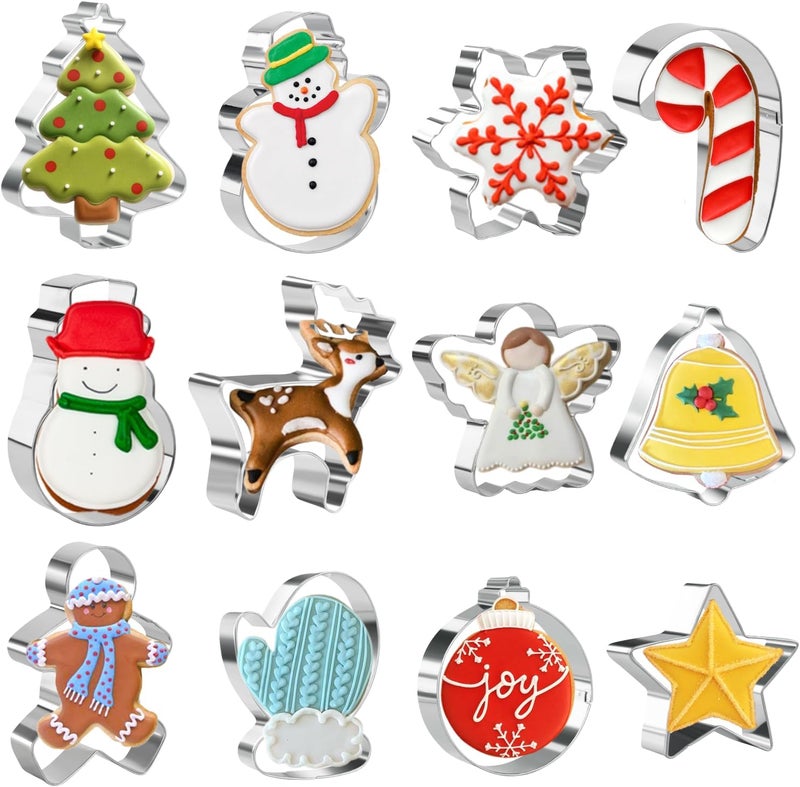 KAISHANE KAISHANE Christmas Cookie Cutter Set12 Pieces Stainless Steel Biscuit Cutters Shape bells angels christmas lights doe star christmas tree socks crutches snowman santa head snowflakes - Image 1