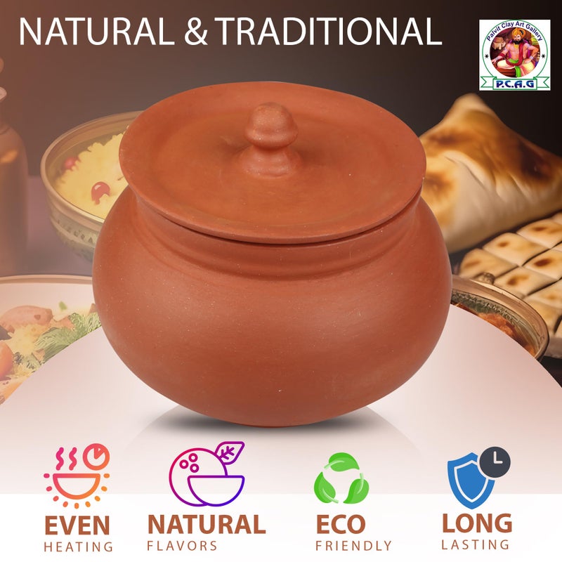 PALVIT CLAY ART GALLERY (P.C.A.G) Eco-Friendly Handmade Handi with Lid - Traditional Clay Cookware for Healthy Cooking | Earthen Clay Handi | Traditional Indian Handmade Bowl | Terrocotta Mitti Bowl (950ml) - Image 3