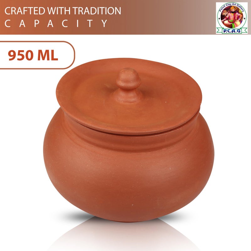 PALVIT CLAY ART GALLERY (P.C.A.G) Eco-Friendly Handmade Handi with Lid - Traditional Clay Cookware for Healthy Cooking | Earthen Clay Handi | Traditional Indian Handmade Bowl | Terrocotta Mitti Bowl (950ml) - Image 2