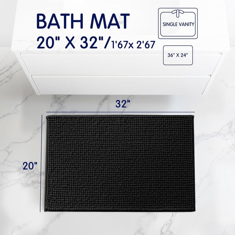 subrtex Bathroom Rugs, 20" x 32" Chenille Bath Rug Soft Short Plush Bath Mat Soft Shower Mat Water Absorbent Shower Mat Quick Dry Machine Washable, Black - Image 3