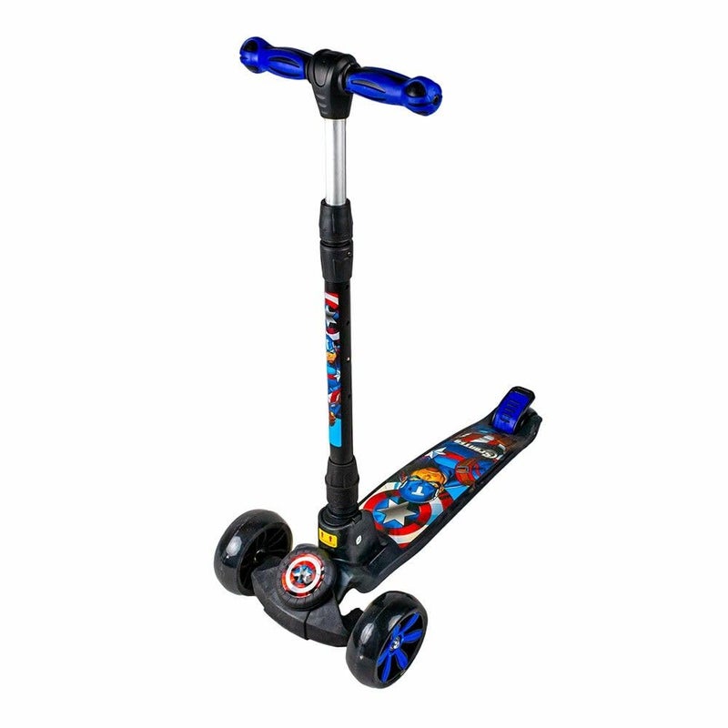 Captain America Kids Scooter, Black and Blue, 3-Wheel Design with Adjustable Height Handle, Light Up Wheels