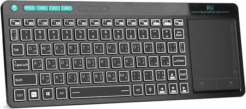 ار اي اي لوحة مفاتيح [تخطيط عربي] RT518S لاسلكية وبلوتوث مع إضاءة خلفية LED ملونة ثنائية ولوحة لمس كبيرة متعددة اللمس، لوحة مفاتيح قابلة لإعادة الشحن - Image 1