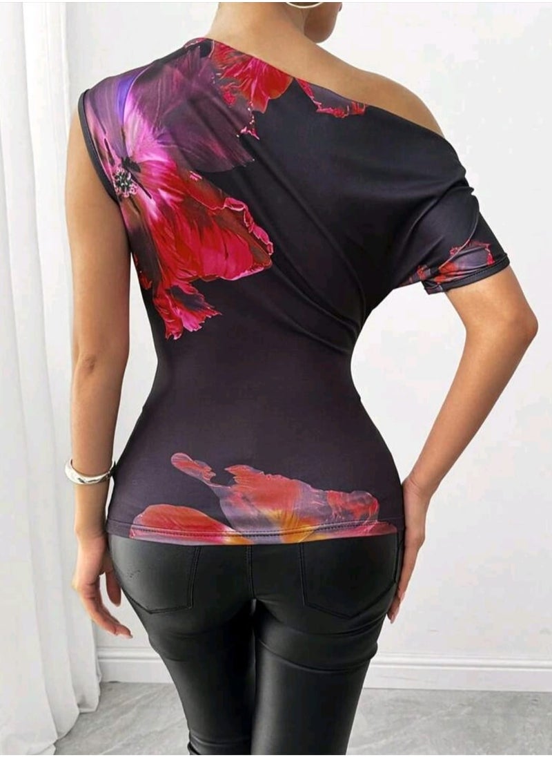 Shein Calvaya 1pc Women Casual Floral Printed Asymmetric Neck T-Shirt  - Image 5