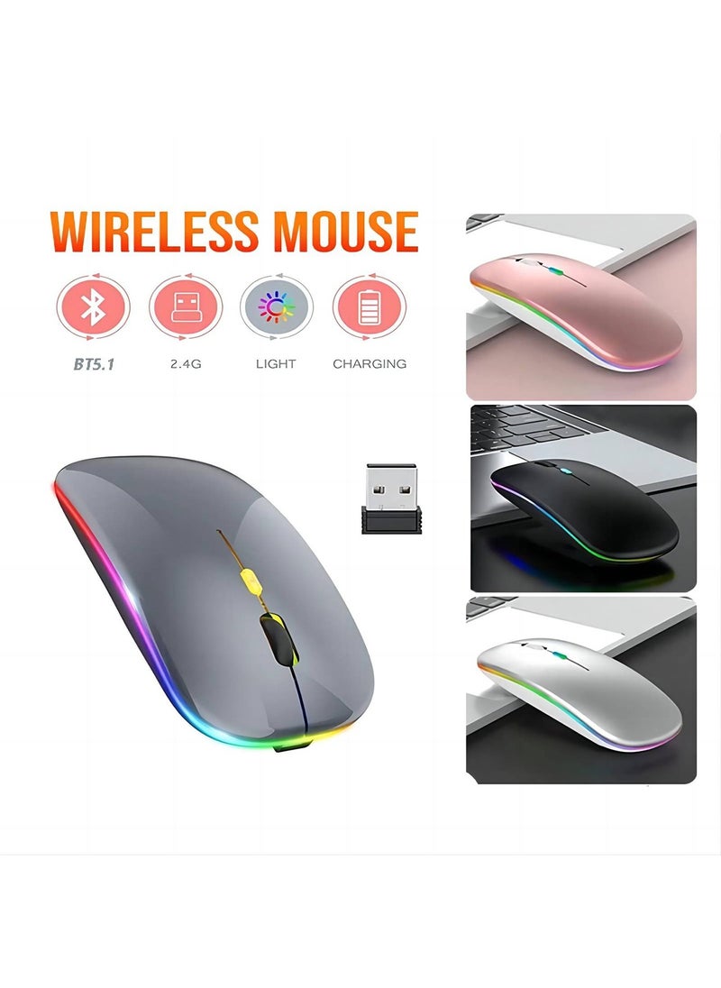 LED Wireless Mouse Rechargeable Slim Silent Mouse 2.4G Portable Mobile Optical Office Mouse with USB & Type-c Receiver for Notebook, PC, Laptop, Computer, Desktop