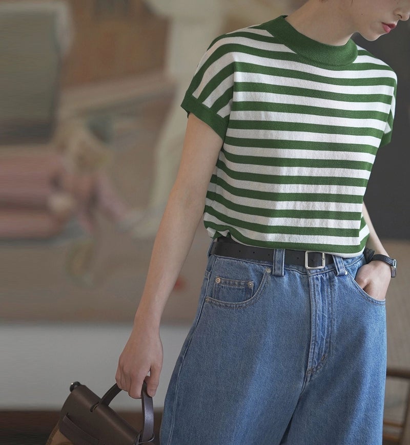 Summer French Style Sea Soul Striped Shoulder T-Shirt Knitted Short Sleeve Women'S Unique Design Loose Top Pullover Ice Silk Thin - Image 1