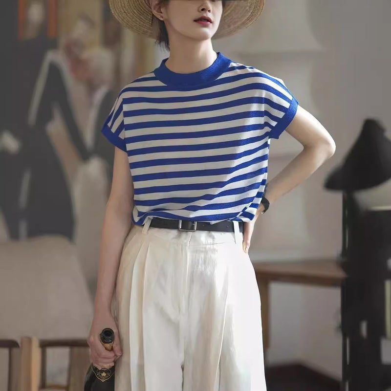 Summer French Style Sea Soul Striped Shoulder T-Shirt Knitted Short Sleeve Women'S Unique Design Loose Top Pullover Ice Silk Thin - Image 2