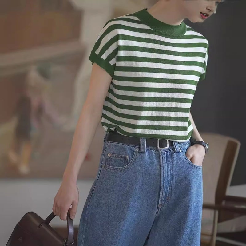 Summer French Style Sea Soul Striped Shoulder T-Shirt Knitted Short Sleeve Women'S Unique Design Loose Top Pullover Ice Silk Thin - Image 5