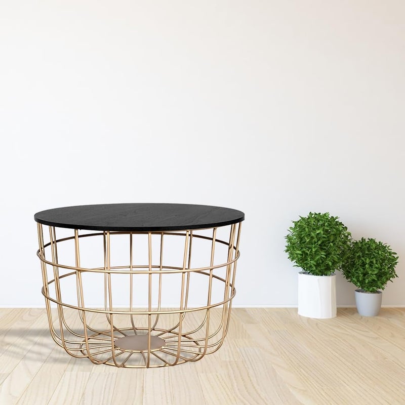 Nesfur Engineered Wood Metal Round Coffee TableCenter Coffee Table Round Tea and Coffee Table for Hall Kitchen Living Room Golden with Black