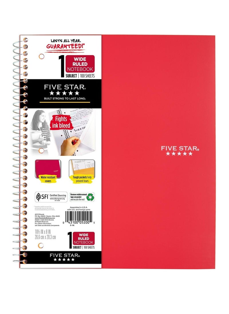 Five Star - Five Star Spiral Notebook - 1 Subject, Wide Ruled, 100 Sheets, 10.5" x 8" (26.6 x 20.3 cm), Assorted Plastic Cover - Image 1