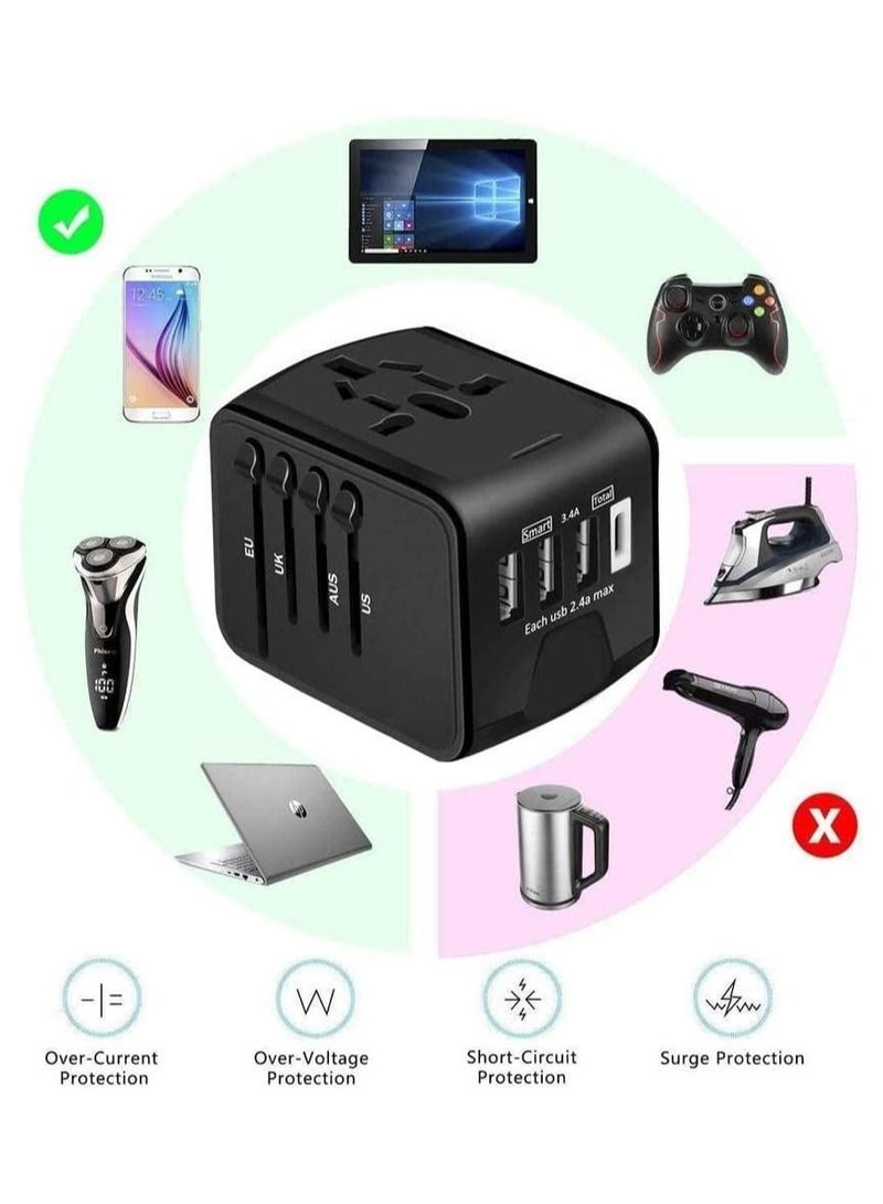 Universal Travel Adapter with 3 USB + 1 Type C Charging Ports (Black) - Image 3