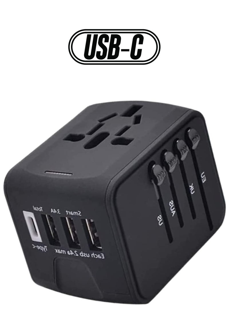 Universal Travel Adapter with 3 USB + 1 Type C Charging Ports (Black) - Image 1
