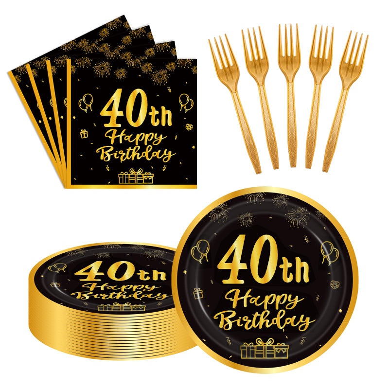 LDFDRT 60pcs 40th Birthday Party Paper Plates and Napkins Forks Black Gold Dessert Cake Plates Party Decorations Supplies Serves 20 Guest - Image 1