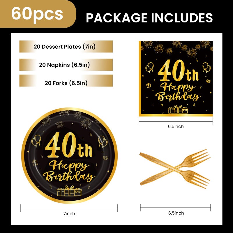 LDFDRT 60pcs 40th Birthday Party Paper Plates and Napkins Forks Black Gold Dessert Cake Plates Party Decorations Supplies Serves 20 Guest - Image 3