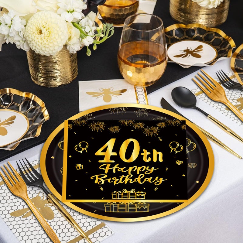 LDFDRT 60pcs 40th Birthday Party Paper Plates and Napkins Forks Black Gold Dessert Cake Plates Party Decorations Supplies Serves 20 Guest - Image 2