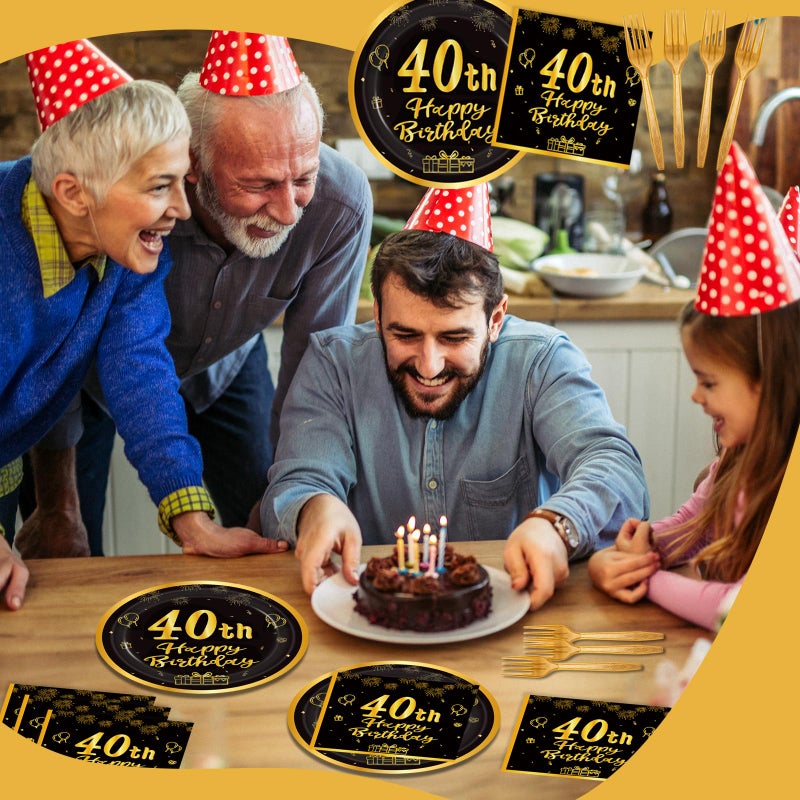 LDFDRT 60pcs 40th Birthday Party Paper Plates and Napkins Forks Black Gold Dessert Cake Plates Party Decorations Supplies Serves 20 Guest - Image 5