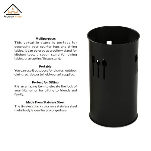 Anantam Homes Stainless Steel Spoon Knife Fork Chopstick Cutlery Holder/Organizer Stand for Dining Table, Daily Use, Decoration (Round-Black) - Image 4