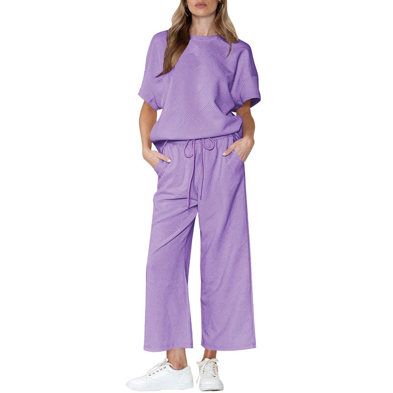 Q24S8523 cross-border European and American womens clothing Amazon summer fashion casual crew neck short sleeve pants two-piece set Purple