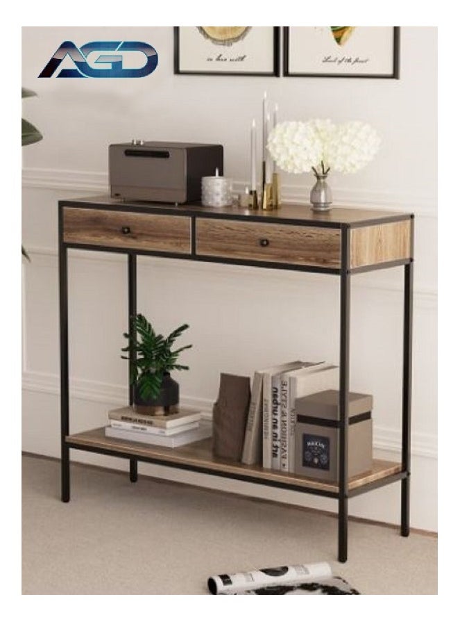 AGD - Coffee Table 2 Tier Console Table Sofa  Corner with Storage Shelf and 2 Drawers Entryway Table for Couch Hallway Entrance Living Room 100*33*90cm - Image 1