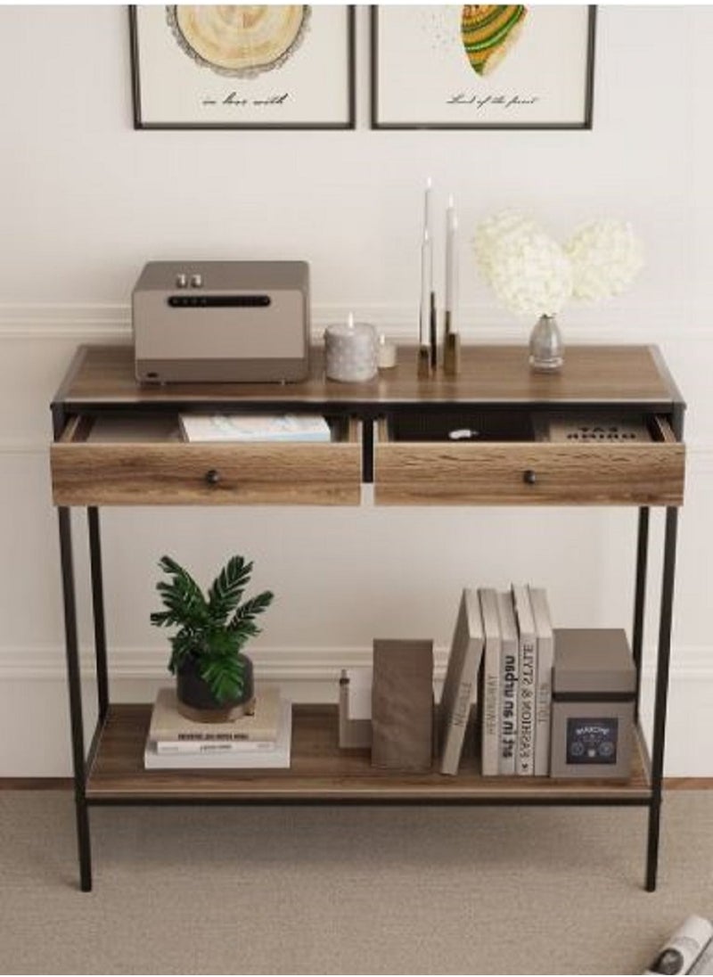 AGD - Coffee Table 2 Tier Console Table Sofa  Corner with Storage Shelf and 2 Drawers Entryway Table for Couch Hallway Entrance Living Room 100*33*90cm - Image 1
