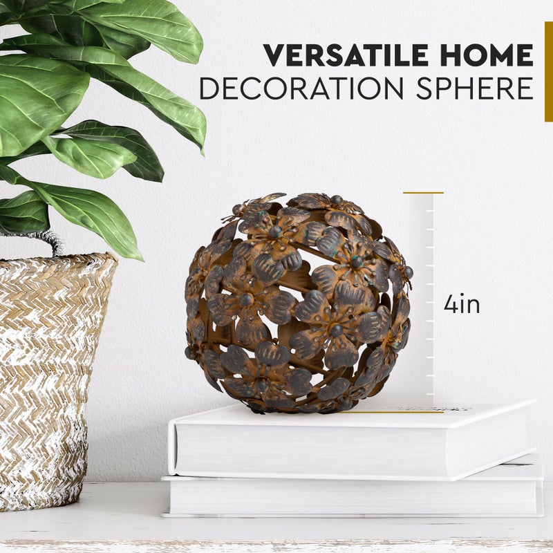 Everydecor كرة زخرفية معدنية من Everydecor لديكور المنزل - كرات زخرفية حديثة مرسومة يدويًا باللون البني العتيق لغرفة المعيشة وغرفة النوم والمطبخ والحمام والمكتب - الأجرام السماوية المزخرفة للطاولة للقطعة المركزية - Image 3