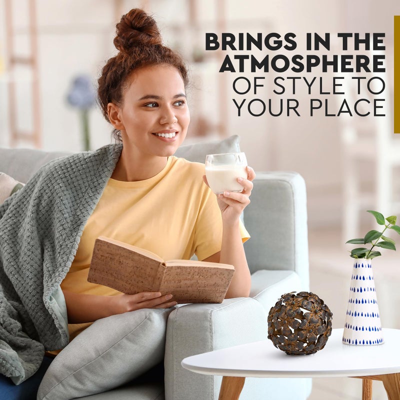 Everydecor كرة زخرفية معدنية من Everydecor لديكور المنزل - كرات زخرفية حديثة مرسومة يدويًا باللون البني العتيق لغرفة المعيشة وغرفة النوم والمطبخ والحمام والمكتب - الأجرام السماوية المزخرفة للطاولة للقطعة المركزية - Image 2