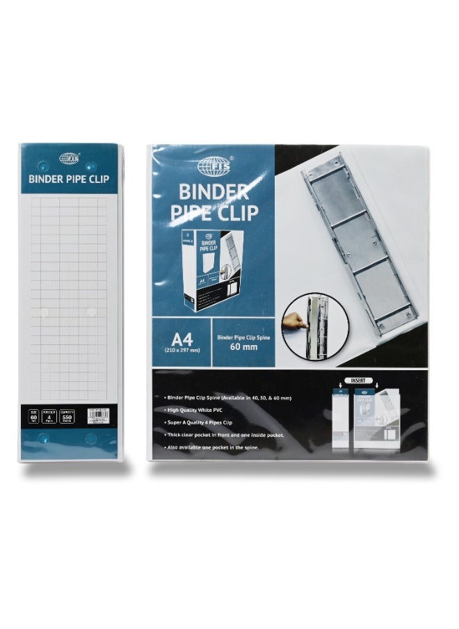 FIS Pipe Binder Clip, A4 Size(210x297mm), 4 Pipe Clip, 60mm Binder Pipe Clip Spine, Up to 550 Sheets Capacity, Packet of 2 Pieces, White Color, with PVC Pocket-FSBD2260  - Image 1