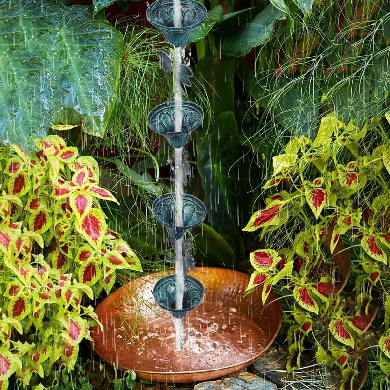 Vindar 8.5 Feet Retro Iron Dragonfly Rain Chain for Gutters Downspouts Uutside, Antique Sky Blue Color 10 Flower Cups and 10 Dragonfly Decorative Rain Chains Rain Chain Set (Blue) - Image 4