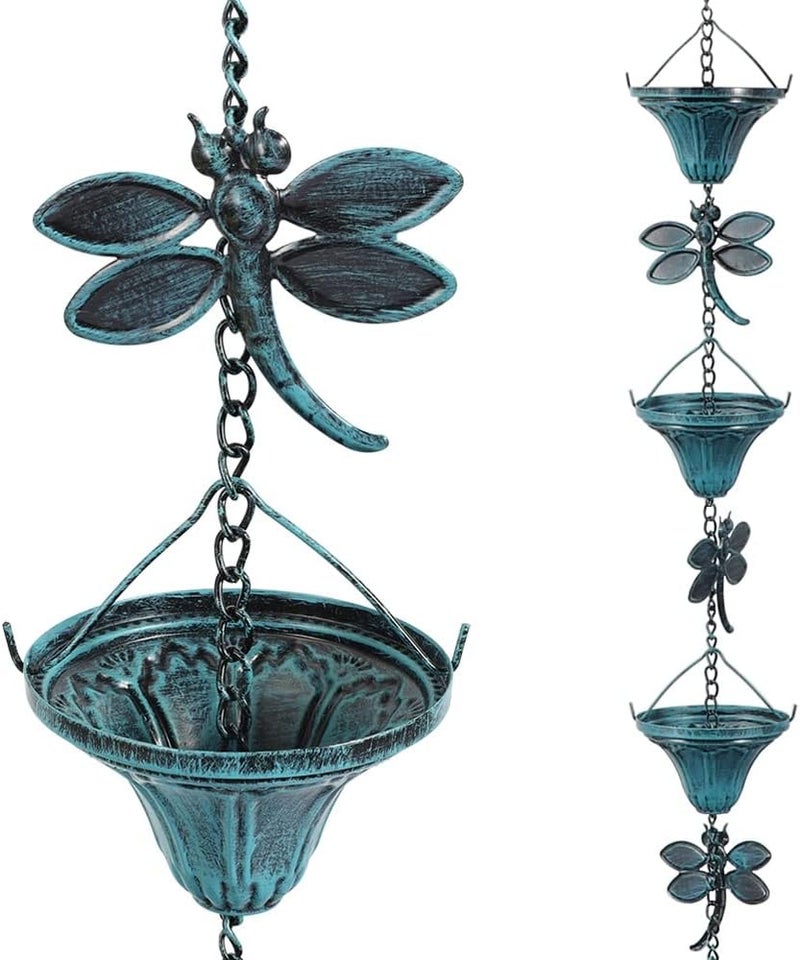 Vindar 8.5 Feet Retro Iron Dragonfly Rain Chain for Gutters Downspouts Uutside, Antique Sky Blue Color 10 Flower Cups and 10 Dragonfly Decorative Rain Chains Rain Chain Set (Blue) - Image 1