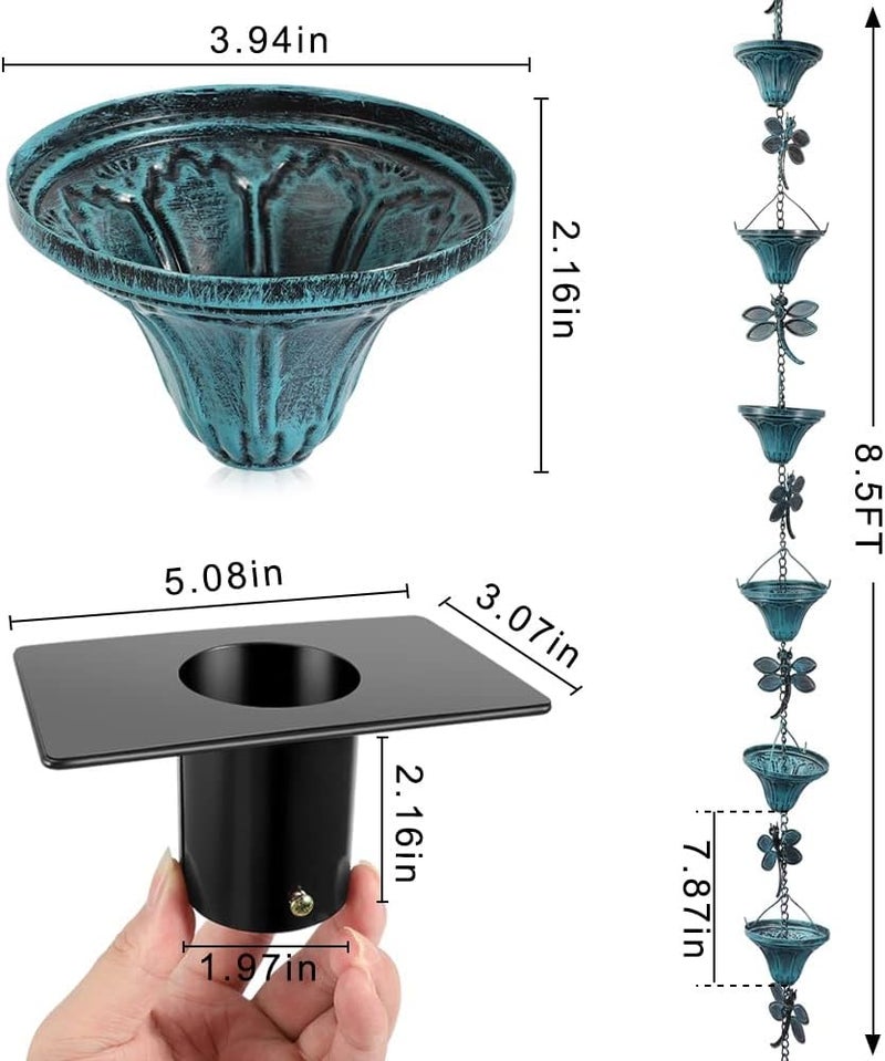 Vindar 8.5 Feet Retro Iron Dragonfly Rain Chain for Gutters Downspouts Uutside, Antique Sky Blue Color 10 Flower Cups and 10 Dragonfly Decorative Rain Chains Rain Chain Set (Blue) - Image 2