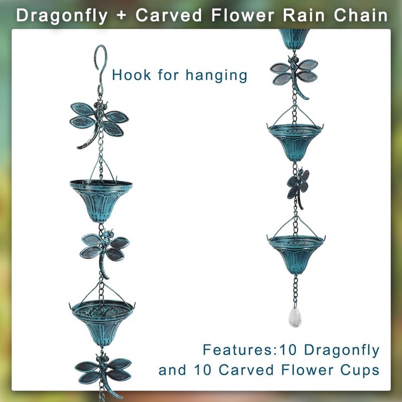 Vindar 8.5 Feet Retro Iron Dragonfly Rain Chain for Gutters Downspouts Uutside, Antique Sky Blue Color 10 Flower Cups and 10 Dragonfly Decorative Rain Chains Rain Chain Set (Blue) - Image 3