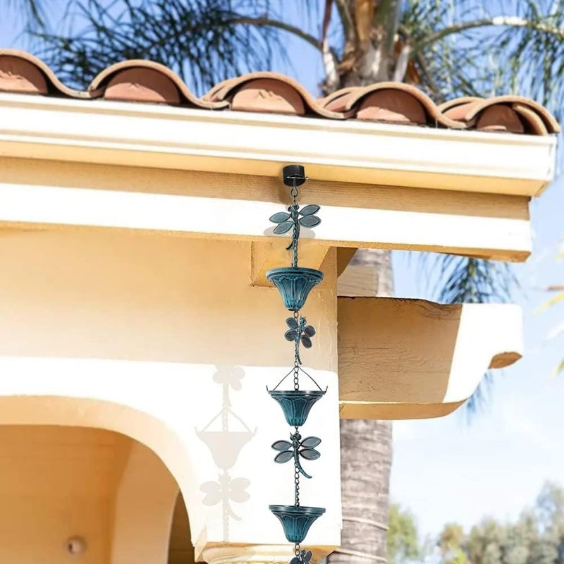 Vindar 8.5 Feet Retro Iron Dragonfly Rain Chain for Gutters Downspouts Uutside, Antique Sky Blue Color 10 Flower Cups and 10 Dragonfly Decorative Rain Chains Rain Chain Set (Blue) - Image 5