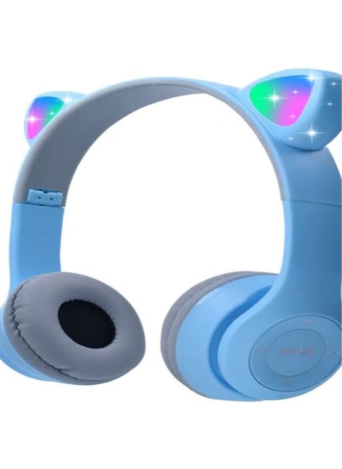 P47 - Kids Wireless Headphones, Megadream Bluetooth Over Ear Headphones with Microphone, Cat Ear LED Light Child Headset TF Card/Wired Foldable Earphones for Girls Boys Gift Age 7+(Blue) - Image 1