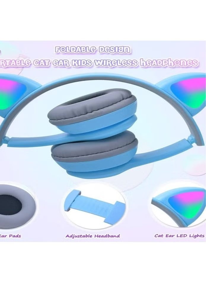 P47 - Kids Wireless Headphones, Megadream Bluetooth Over Ear Headphones with Microphone, Cat Ear LED Light Child Headset TF Card/Wired Foldable Earphones for Girls Boys Gift Age 7+(Blue) - Image 1