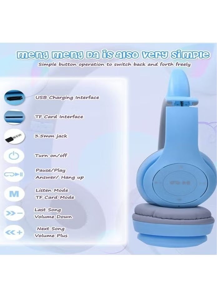 P47 - Kids Wireless Headphones, Megadream Bluetooth Over Ear Headphones with Microphone, Cat Ear LED Light Child Headset TF Card/Wired Foldable Earphones for Girls Boys Gift Age 7+(Blue) - Image 1