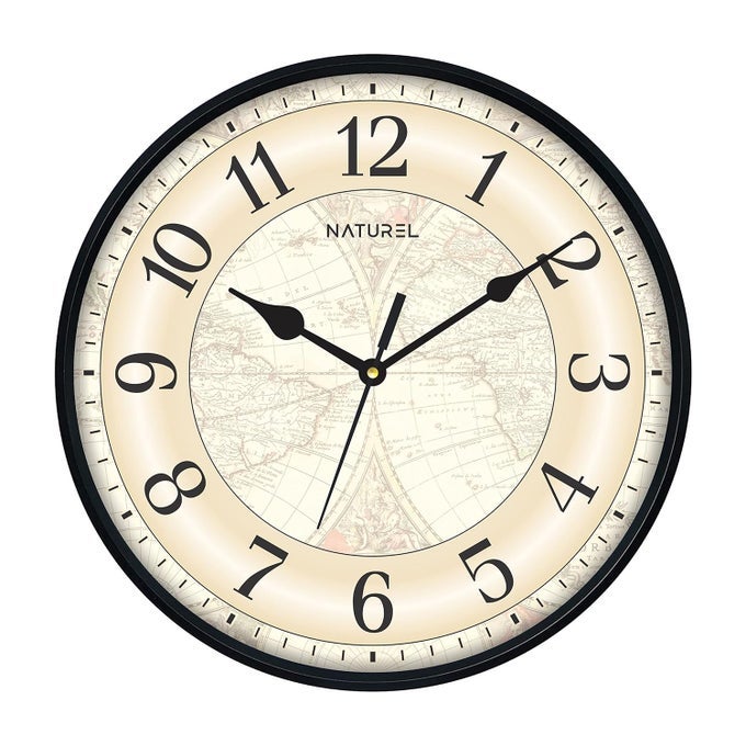 PLASTIC ROUND SHAPE WALL CLOCK WITH BLACK FRAME - VINTAGE FLOWER, 24 CM X 24 CM X 3.5 CM (2041)