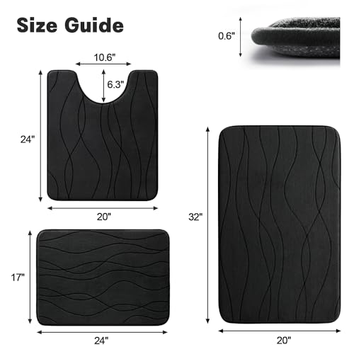 YIHOUSE Memory Foam Black Bathroom Rug Sets 3 Piece, Ultra Absorbent Bath Mat for Bathroom - Non-Slip Machine Washable & Dry Quickly, 3 Piece Bathroom Mat Set, Black - Image 5