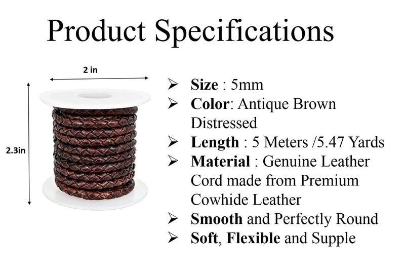 GENIQUE Real/Genuine Round Braided Leather Cord String Rope Folded, Leather Rope for Crafts, Jewelry Making, Necklace, Bracelets (5 Metres) (5mm, Antique Brown Distressed) - Image 3