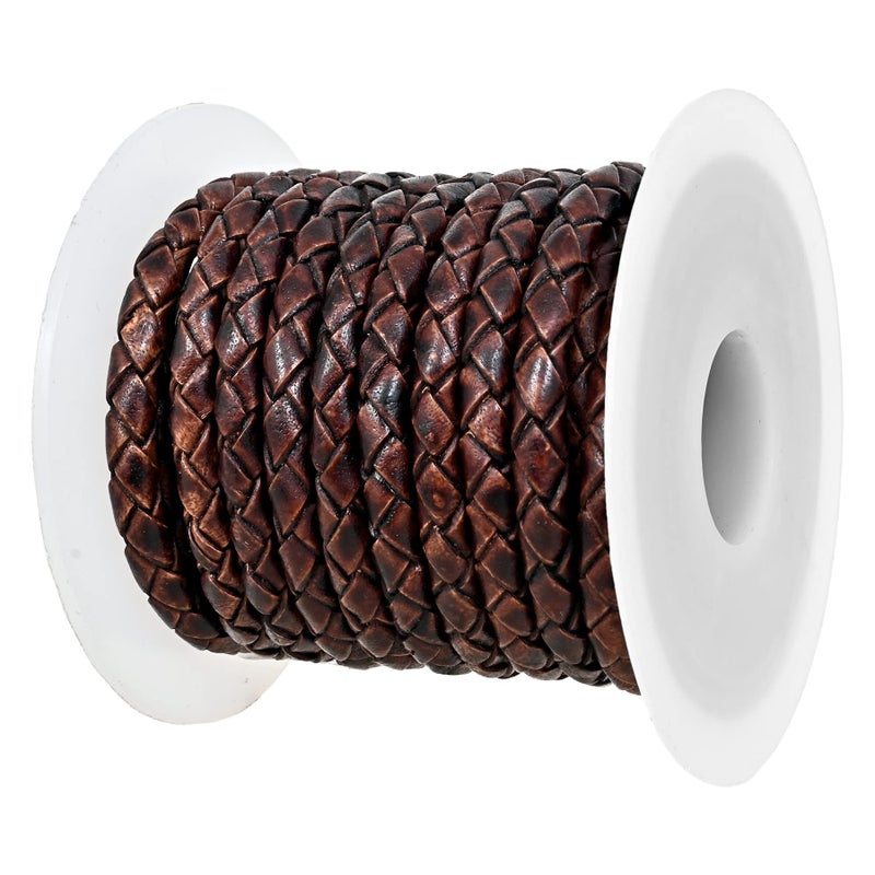 GENIQUE Real/Genuine Round Braided Leather Cord String Rope Folded, Leather Rope for Crafts, Jewelry Making, Necklace, Bracelets (5 Metres) (5mm, Antique Brown Distressed) - Image 1