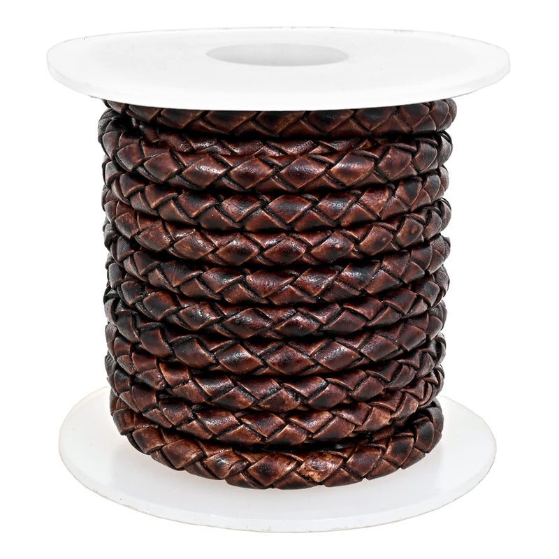 GENIQUE Real/Genuine Round Braided Leather Cord String Rope Folded, Leather Rope for Crafts, Jewelry Making, Necklace, Bracelets (5 Metres) (5mm, Antique Brown Distressed) - Image 2