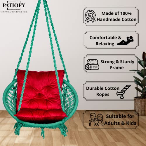 Patiofy Round Cotton Home Swing for Adults & Kids/Jhula Swing for Balcony, Indoor, Outdoor, Garden/Capacity Upto 120Kgs/ Includes Free Hanging Accessories/Handmade Hammock Hanging Swing Chair-Green - Image 3