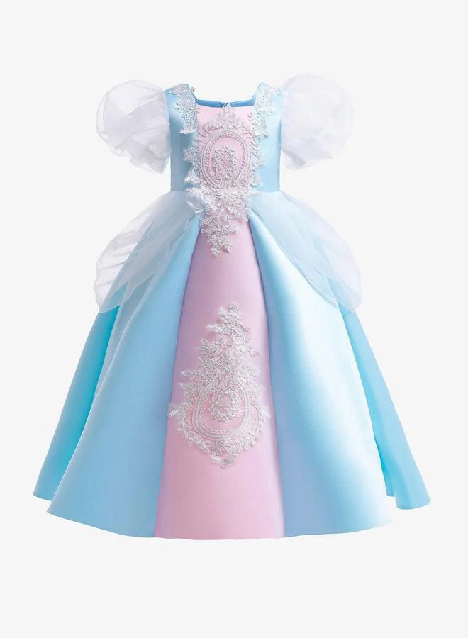 تايك تو Blue Puff Sleeve Embroidered Dress