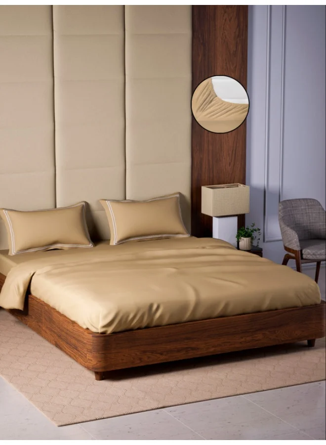 MULBERRY LIVING 100% Cotton - 500Tc Opulent Hue Queen Size (160X200 Cms) Fitted Bedsheet With 2 Pillow Covers (50X75 Cm) - Fawn